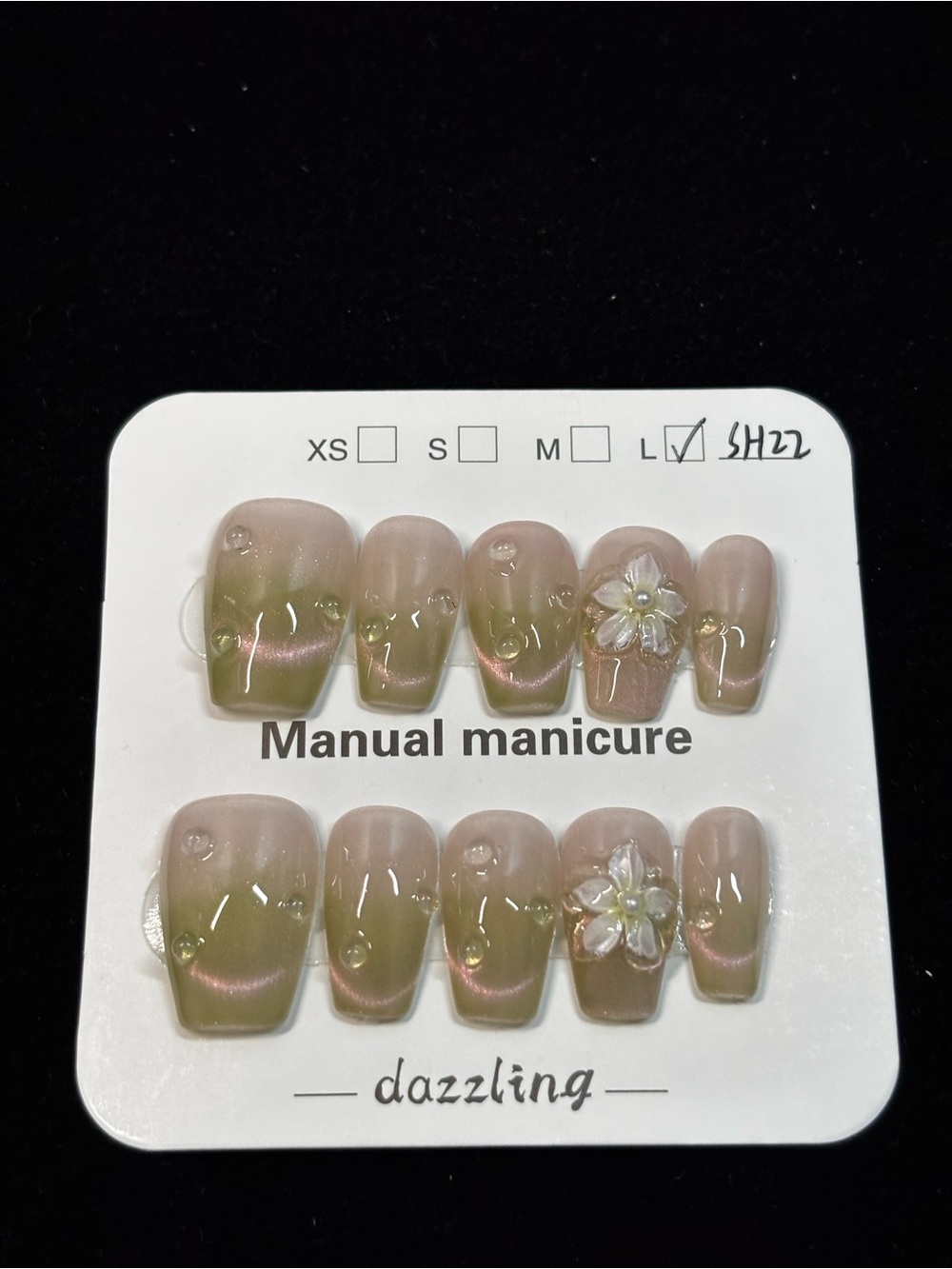Dazzling Pink-Green Ombre Press-On Nail Set with Floral Accent